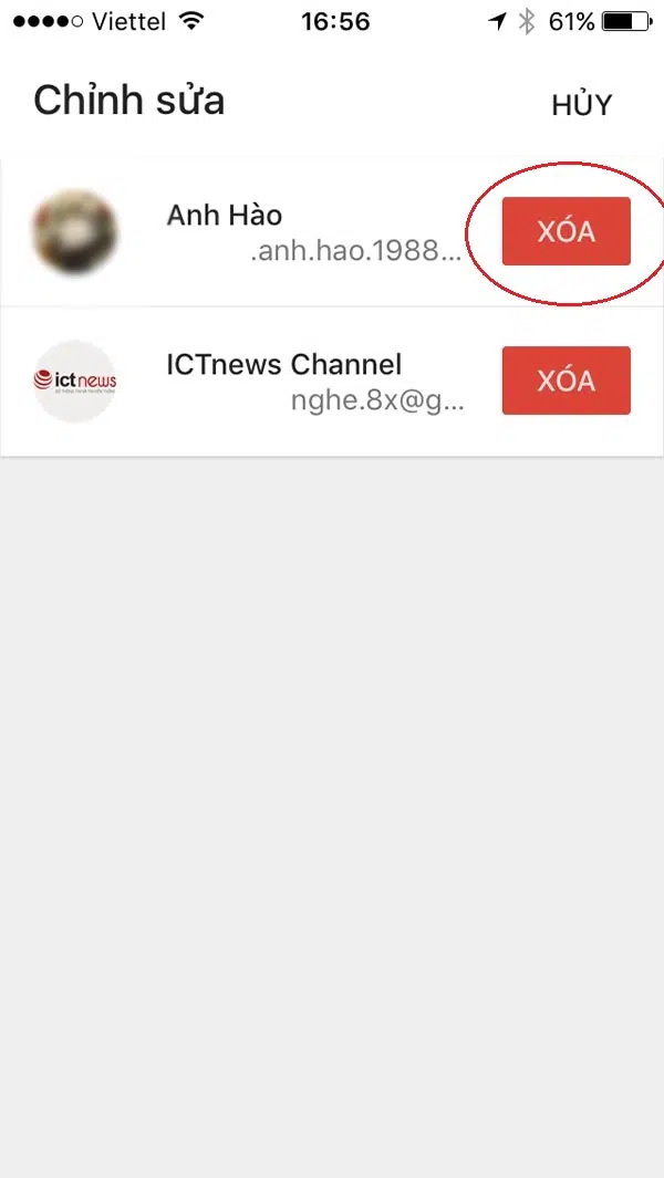 nhấn xóa để hoàn thành đăng xuất email trên iphone