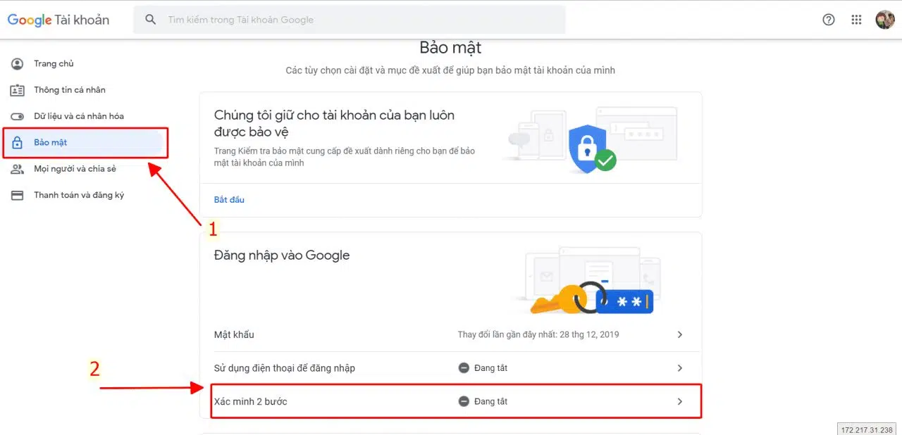 Đăng nhập gmail, chọn Bảo mật rồi chọn xác minh 2 bước