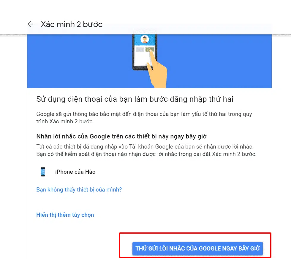 Chọn: Gửi lời nhắc của google ngay bây giờ