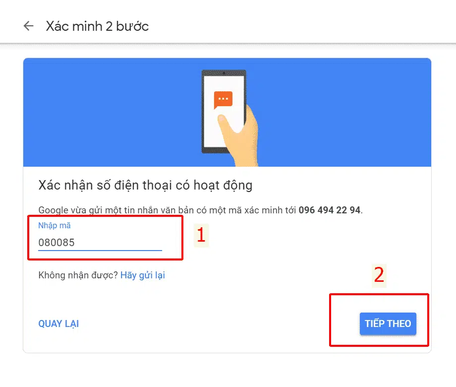 Nhập mã googloe gửi về máy