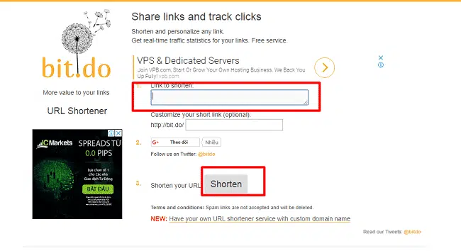Giao diện của website rút gọn link bit.do