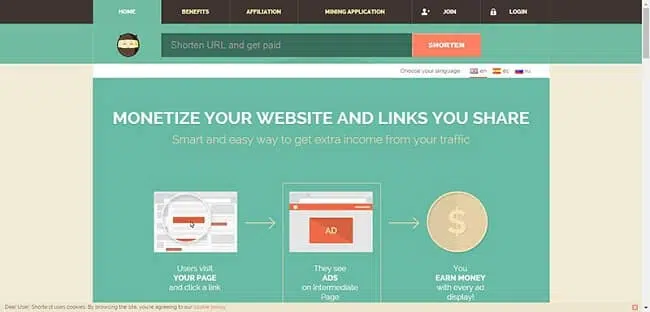 Giao diện của website rút gọn link shorte.st