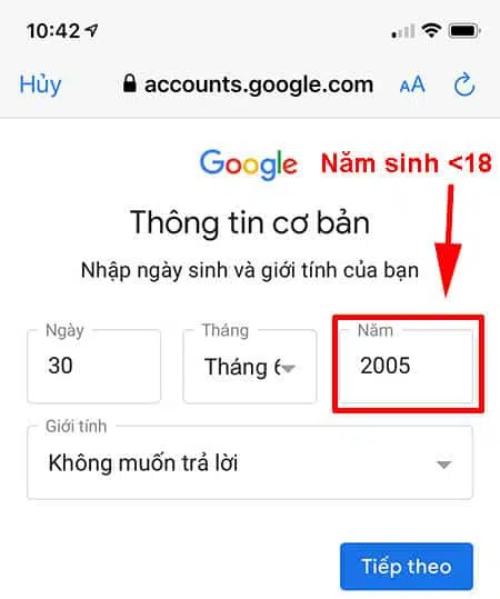 Thông tin năm sinh nhỏ hơn 18 tuổi