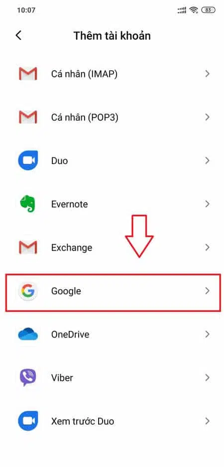 tiếp theo chọn google