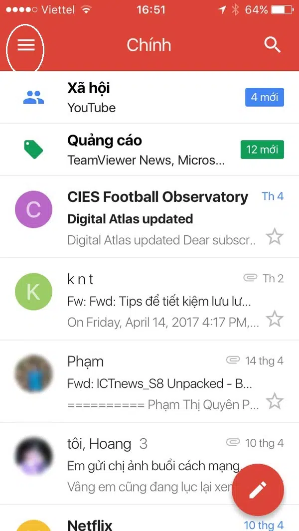 Trong giao diện chính của gmail, chọn biểu tượng danh mục thêm trên góc trái màn hình