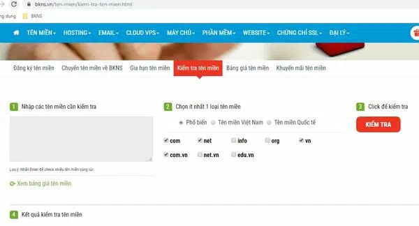 Truy cập website bkns.com để tra cứu tên miền