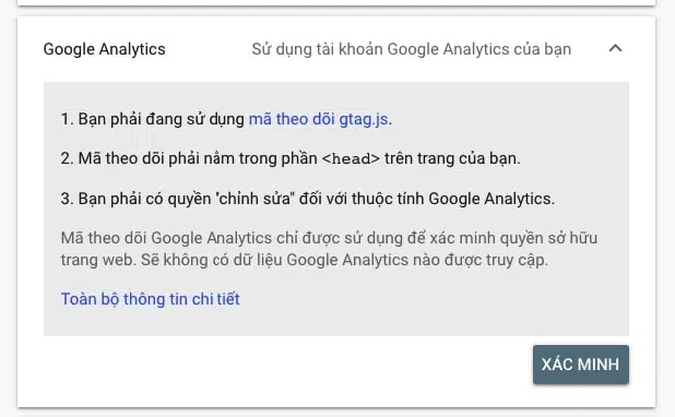 Xác minh bởi tag Google analytics