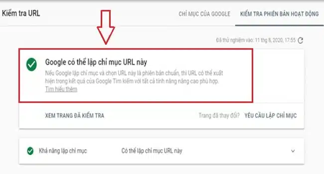 URL đã được Google index