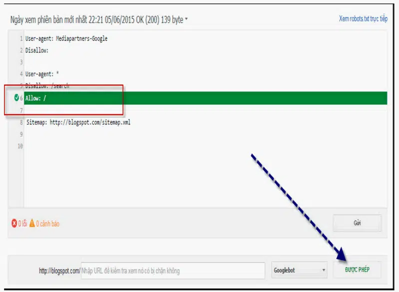 Khi chúng ta nhận thấy dòng màu xanh lá và chữ Được Phép ở góc phải như trên hình tức là bạn đang kết nối thành công đến Googlebot.