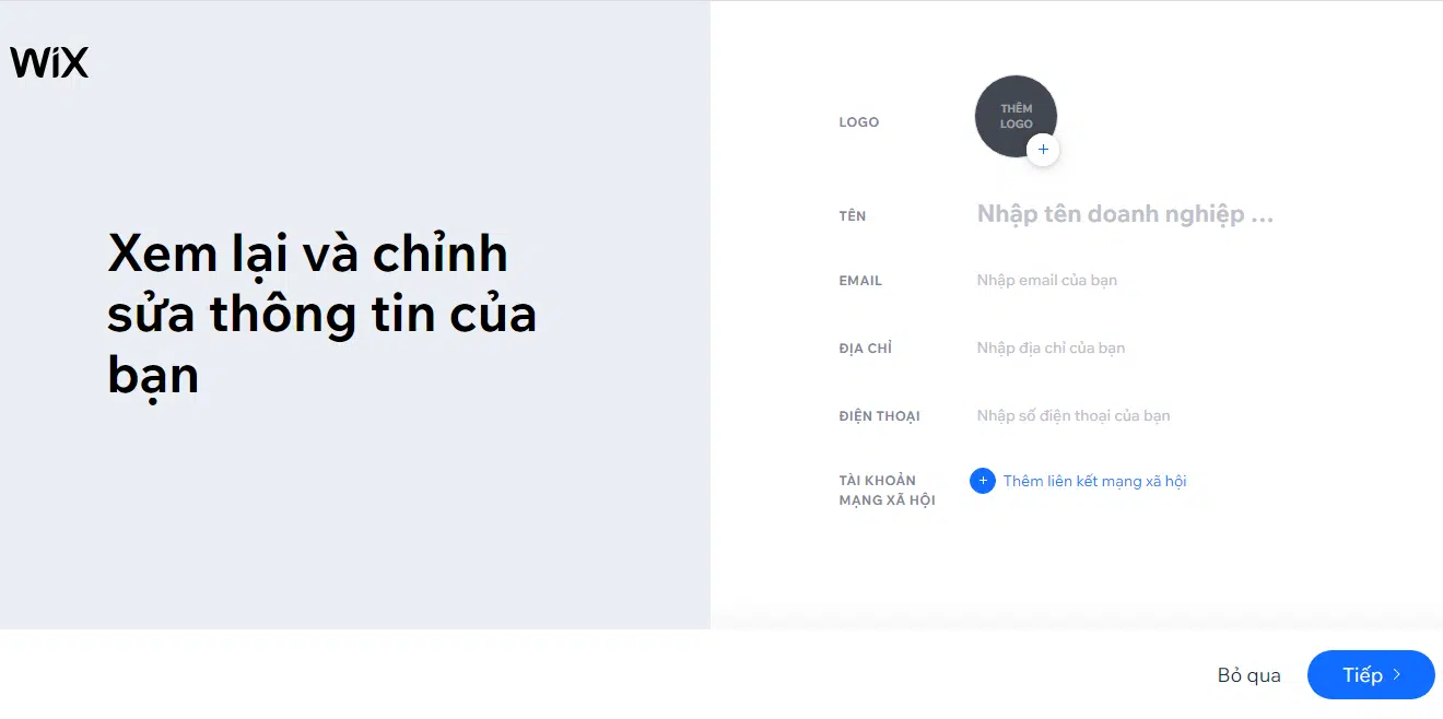 Điền thông tin trang web