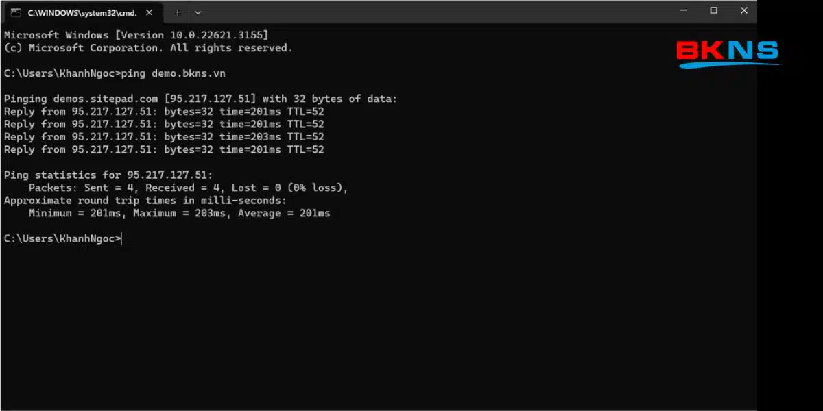 Gõ lệnh ping domain