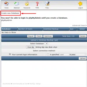 Nhấp vào Create New Database