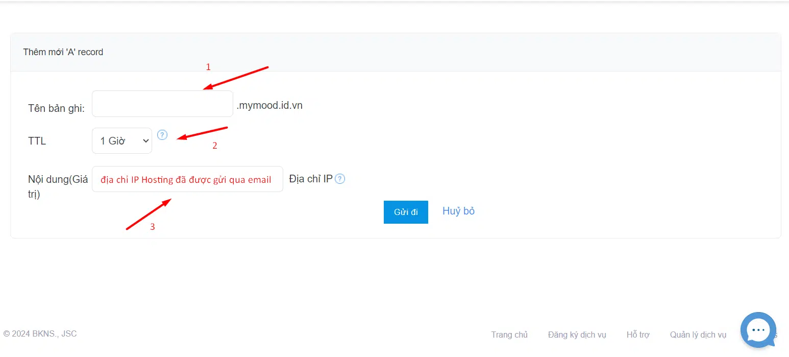 Điền thông tin để trỏ tên miền về IP