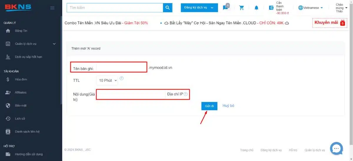 Nhập subdomain và địa chỉ IP